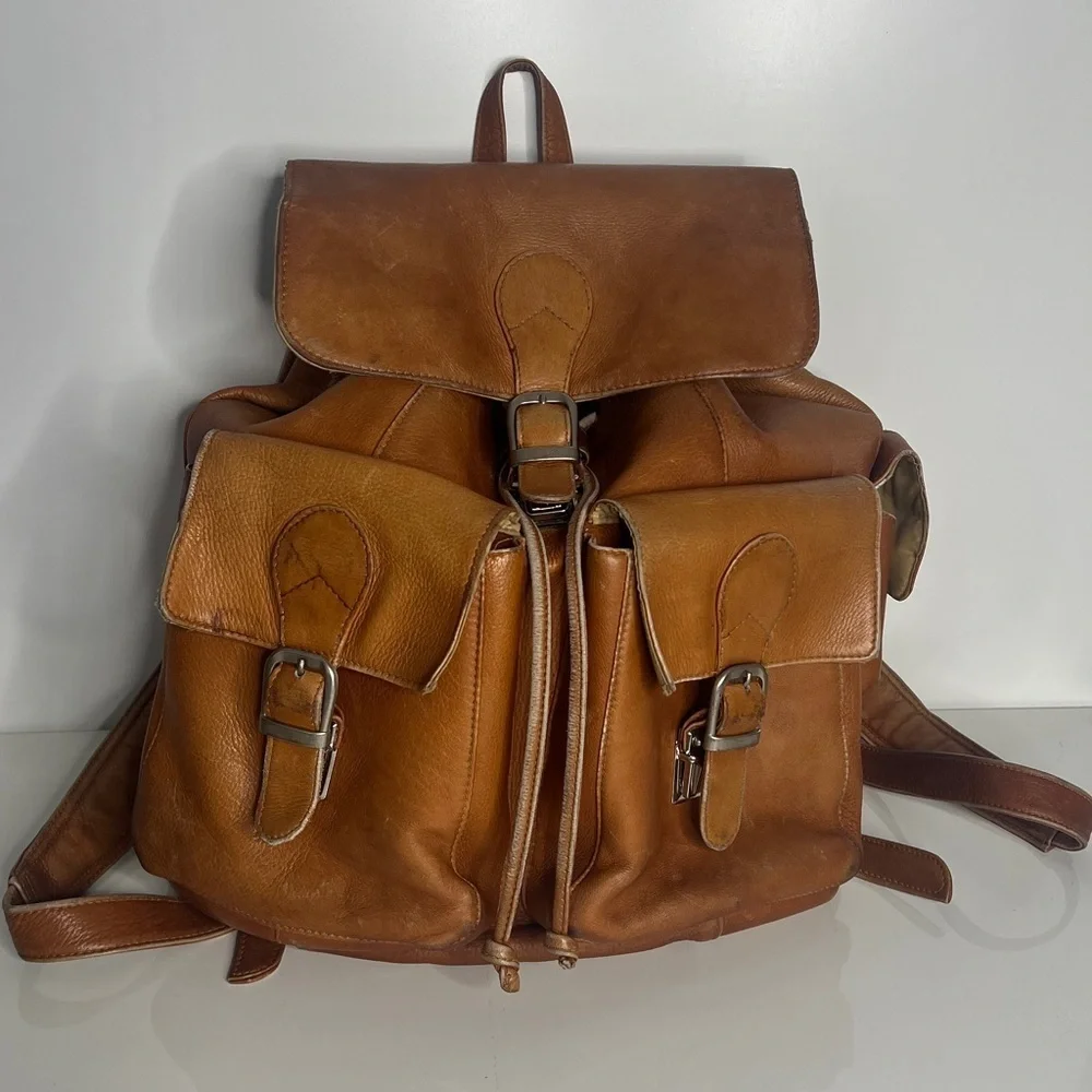 Piel Leather Large Buckle Flap Backpack in Tan Saddle Leather